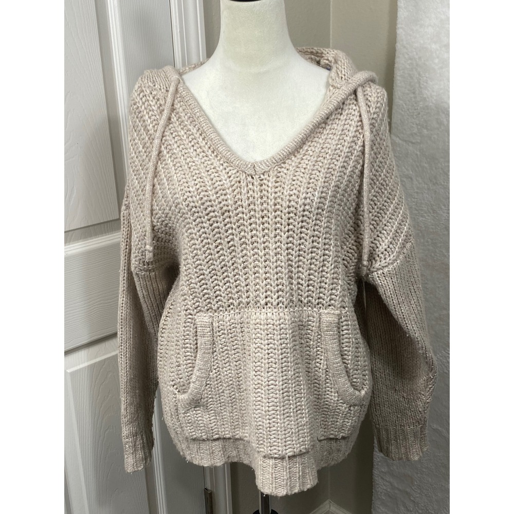 Aerie Womens XS Wool Blend V Neck Hoodie‎ Sweater Pullover Pouch Pocket Chunky